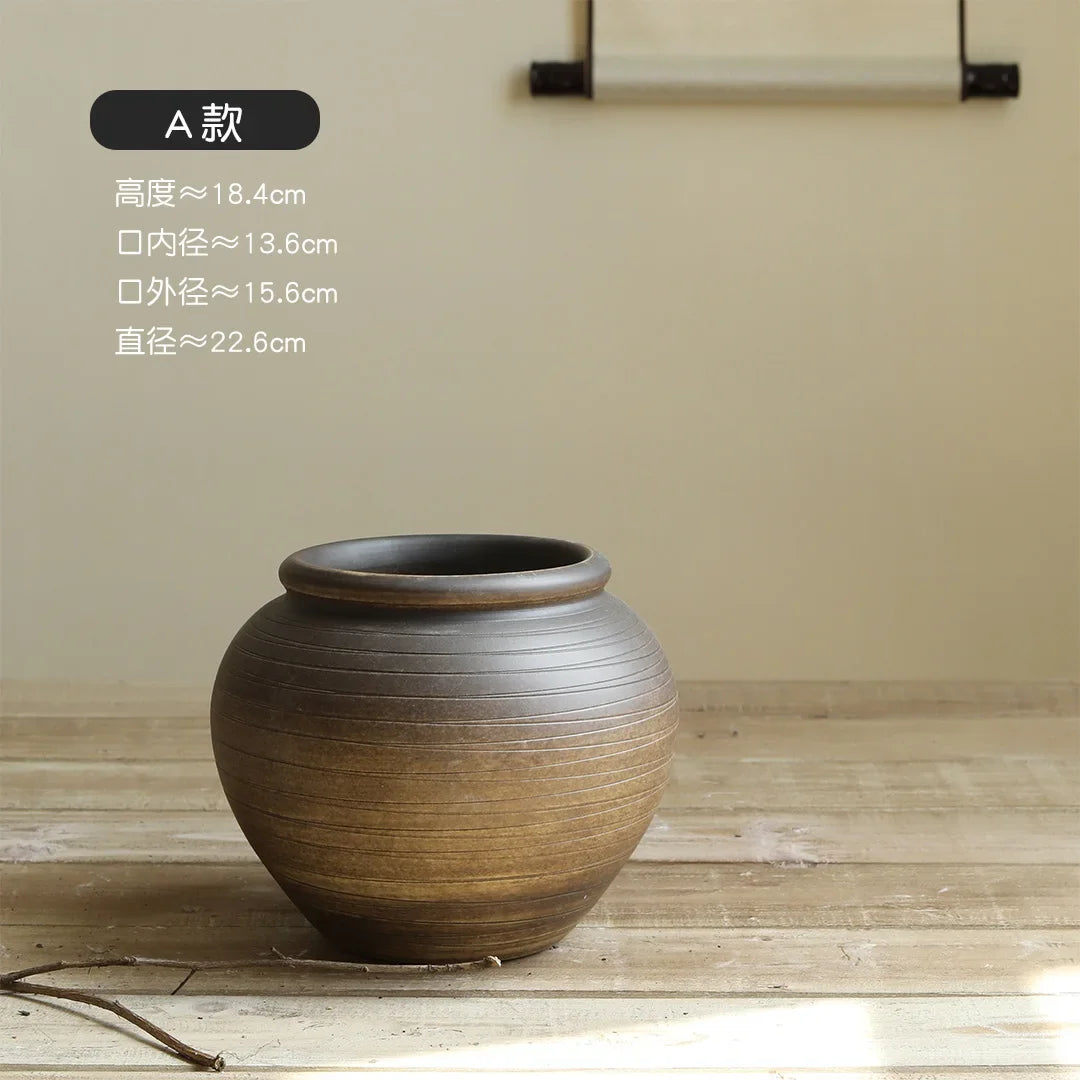 Retro coarse pottery jar, wabi-sabi wind zen vase, handmade pottery flower ware, home living room decoration, Chinese