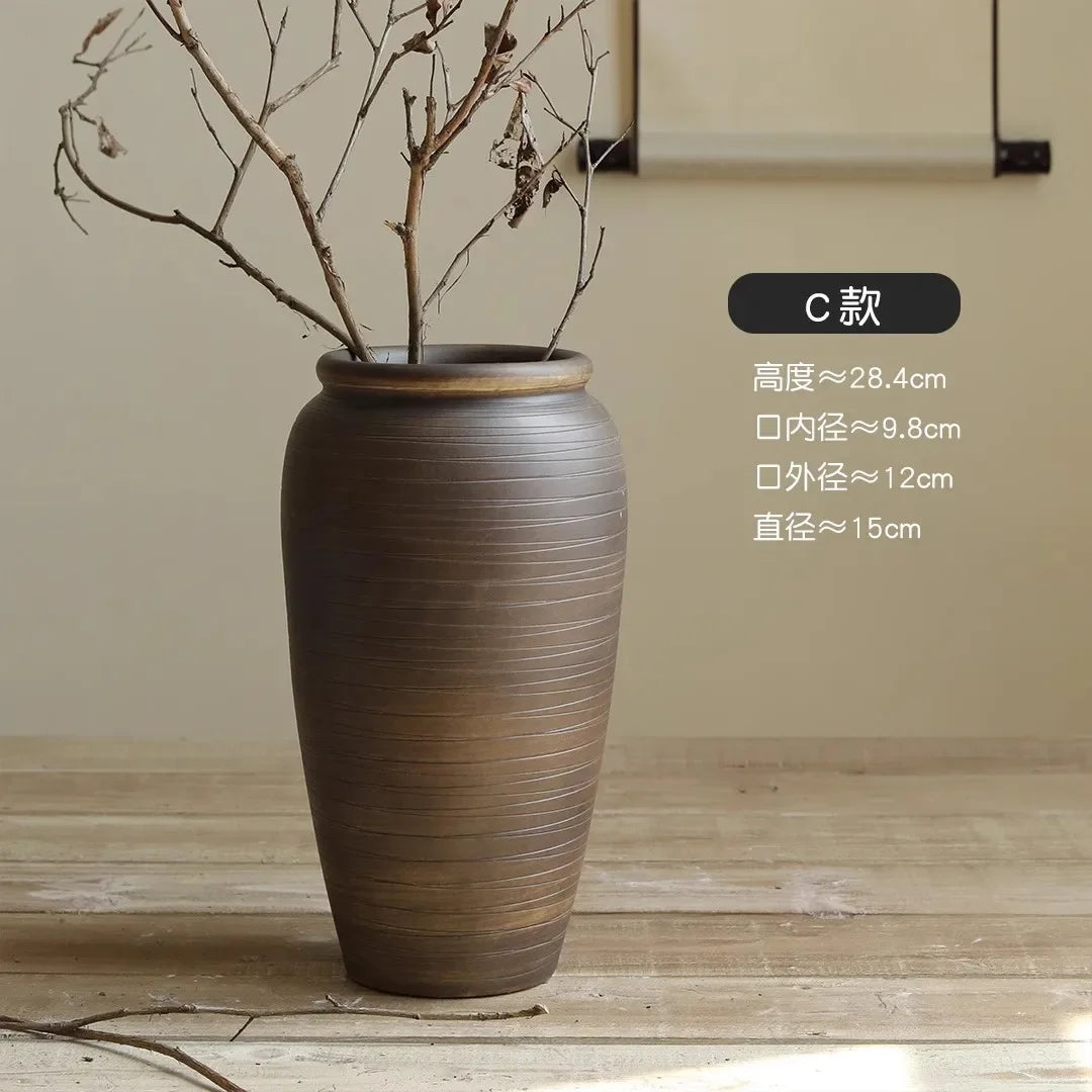 Retro coarse pottery jar, wabi-sabi wind zen vase, handmade pottery flower ware, home living room decoration, Chinese