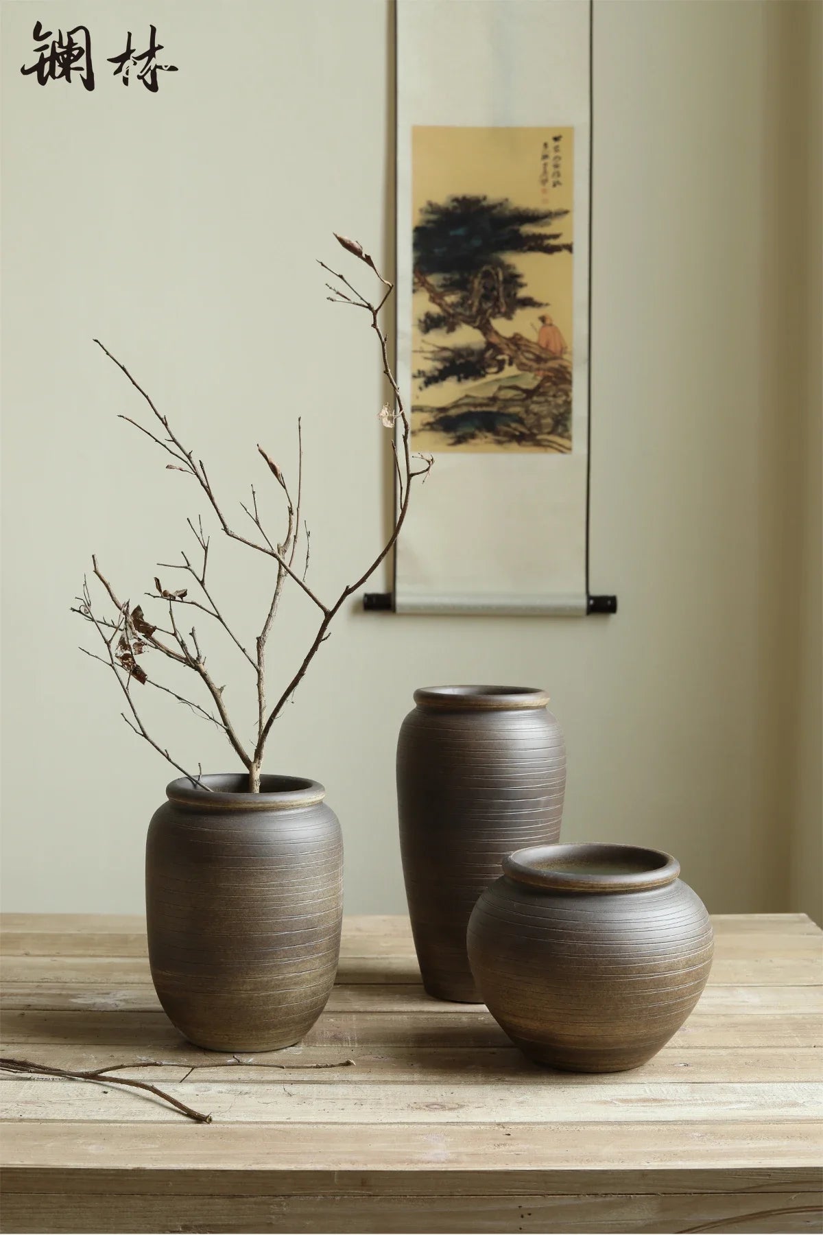 Retro coarse pottery jar, wabi-sabi wind zen vase, handmade pottery flower ware, home living room decoration, Chinese