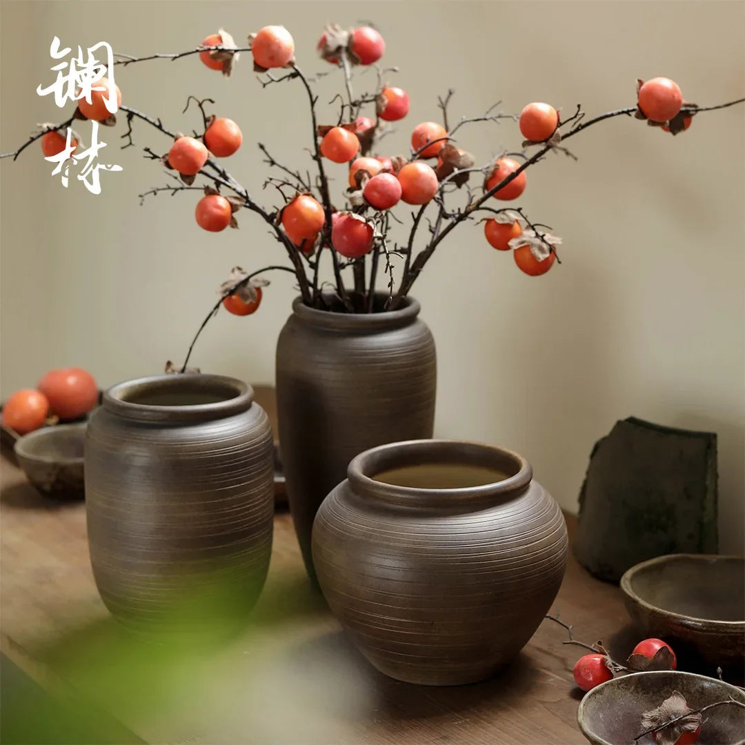 Retro coarse pottery jar, wabi-sabi wind zen vase, handmade pottery flower ware, home living room decoration, Chinese