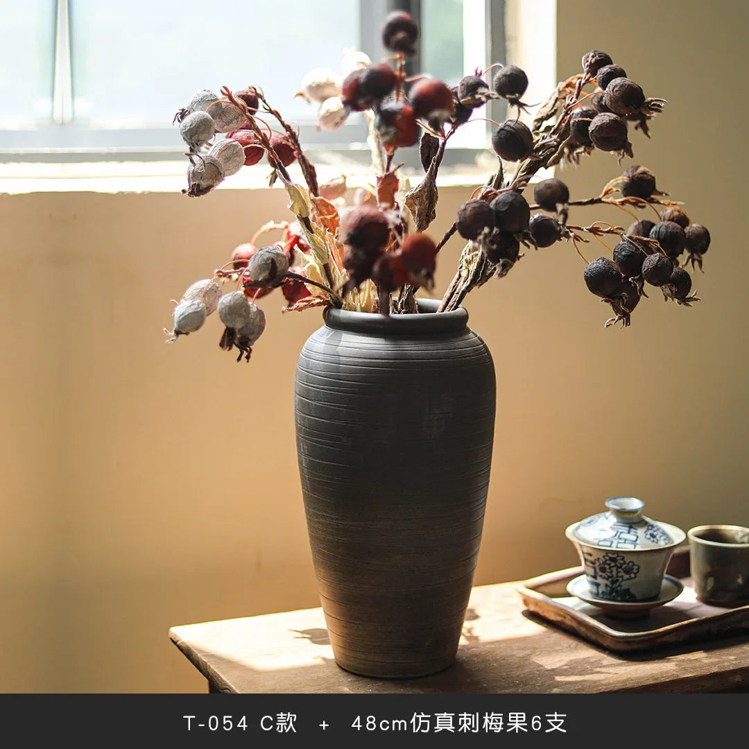 Retro coarse pottery jar, wabi-sabi wind zen vase, handmade pottery flower ware, home living room decoration, Chinese