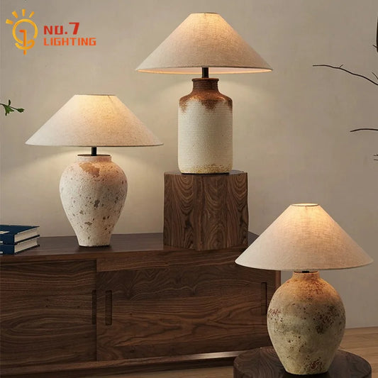 Japanese Wabi-sabi Ceramic Table Lamp LED E27 Vintage Zen Art Decorative Desk Lights Fabric Lampshade Tea Room Study Bedroom Bar