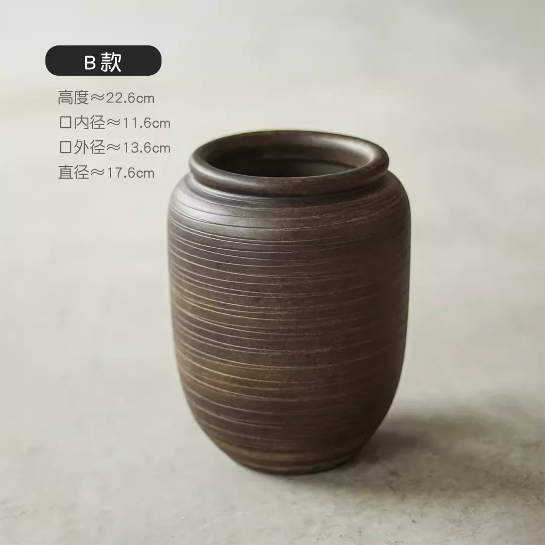 Retro coarse pottery jar, wabi-sabi wind zen vase, handmade pottery flower ware, home living room decoration, Chinese