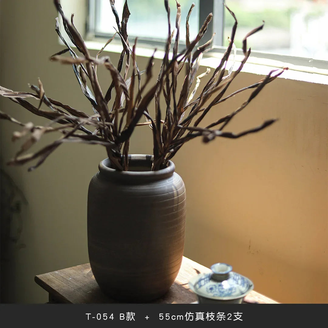 Retro coarse pottery jar, wabi-sabi wind zen vase, handmade pottery flower ware, home living room decoration, Chinese